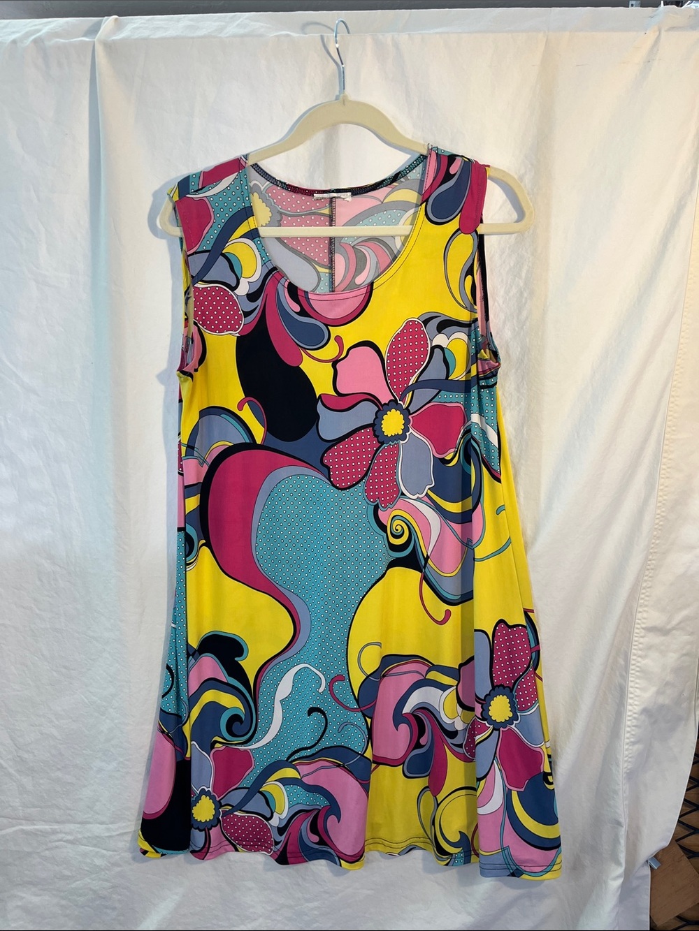 Vibrant Floral Swing Dress - Yellow, Pink & Teal L